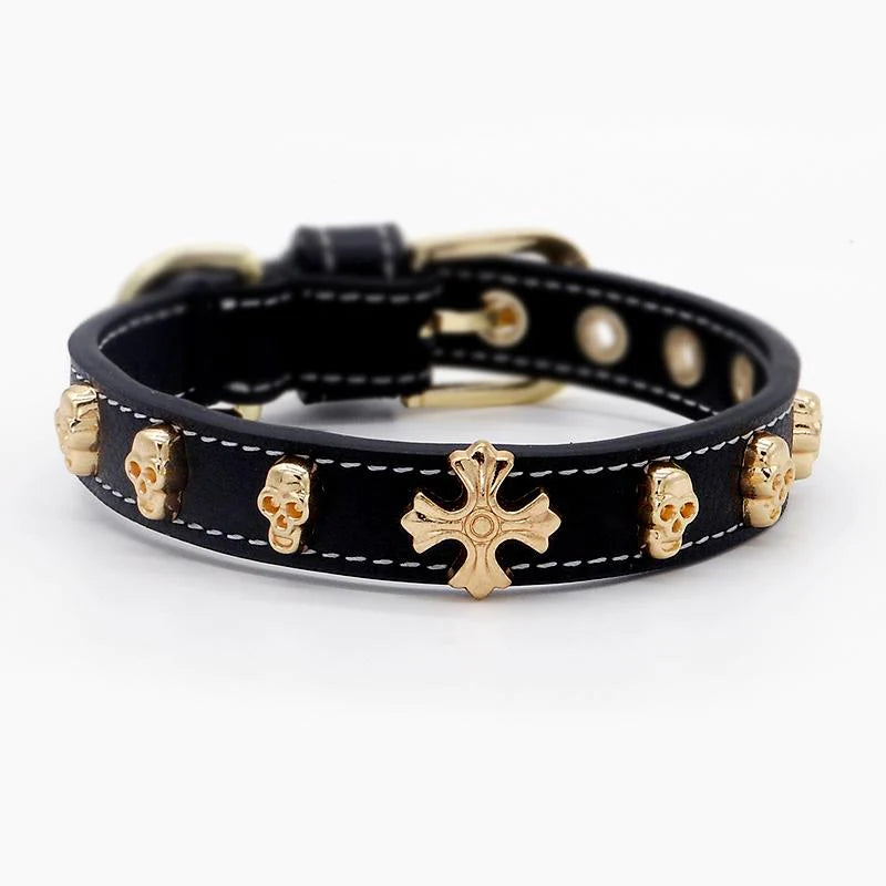 Hand Made Leather Pet Collar Skull Black